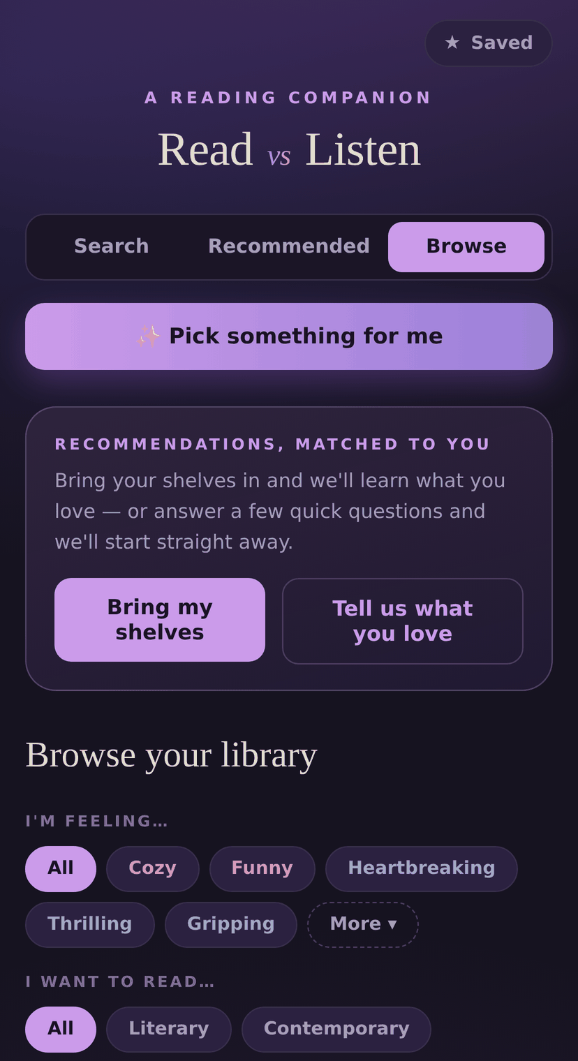 The app browse screen with mood and genre filters
