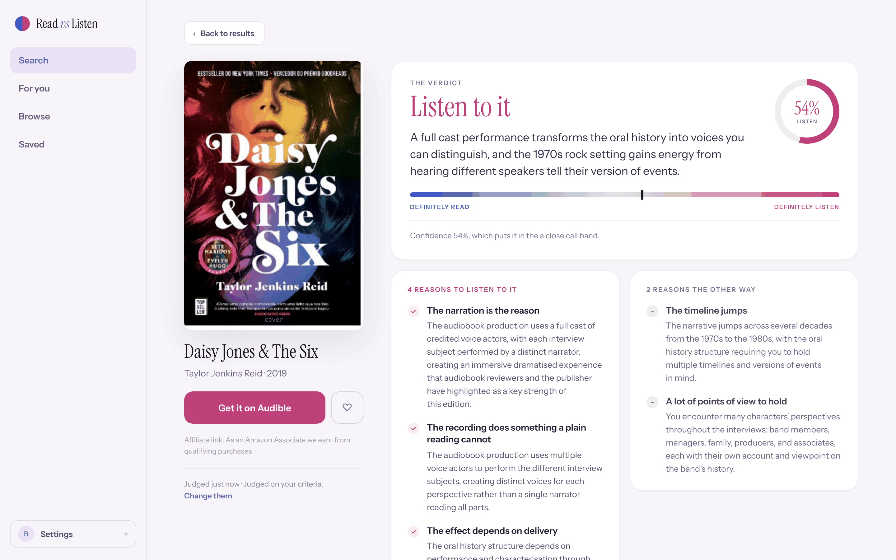 A preview of Read vs Listen in a desktop browser, showing a Listen verdict for Daisy Jones & The Six with the reasons on each side