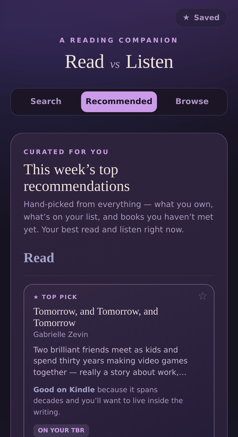 The app showing recommended books with a read or listen verdict on each