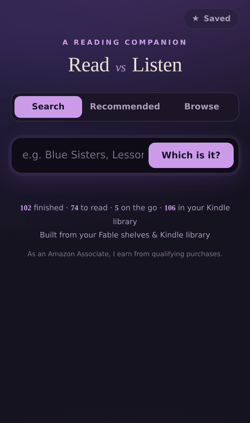 The Read vs Listen app with a book title typed into the search field
