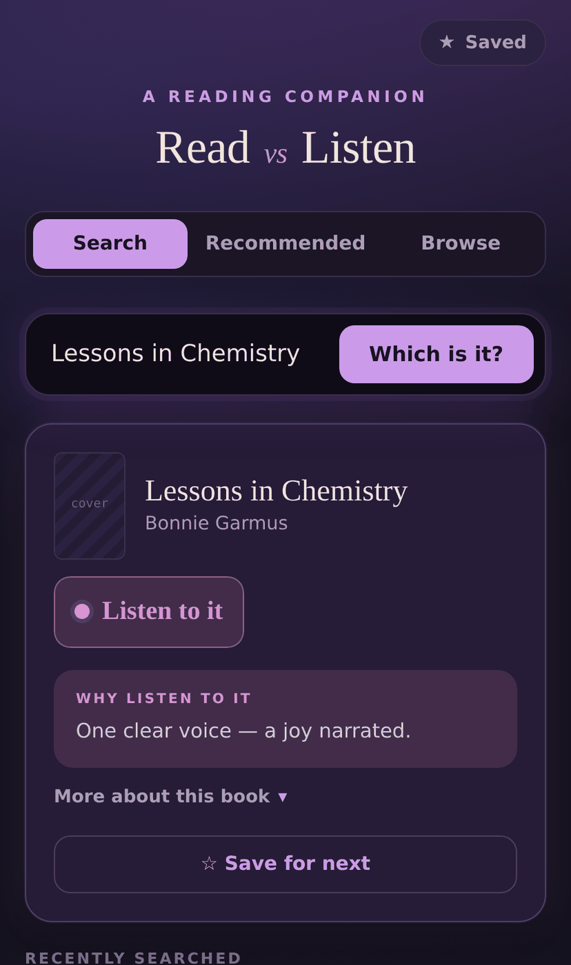 The app showing a Listen verdict for Lessons in Chemistry, with the reason underneath