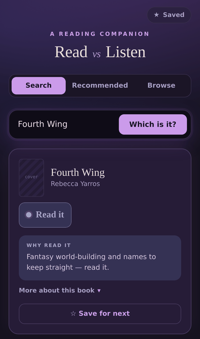 The app showing a Read verdict for Fourth Wing